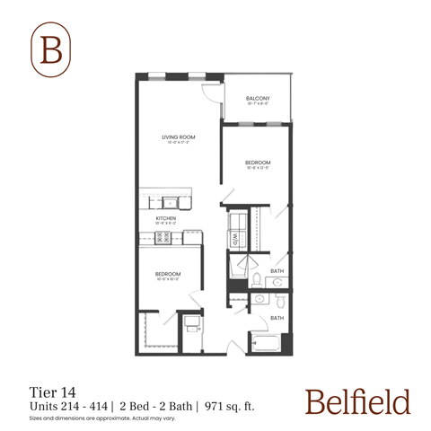 Floor plan for 2 beds, 2 baths, 971 sqft